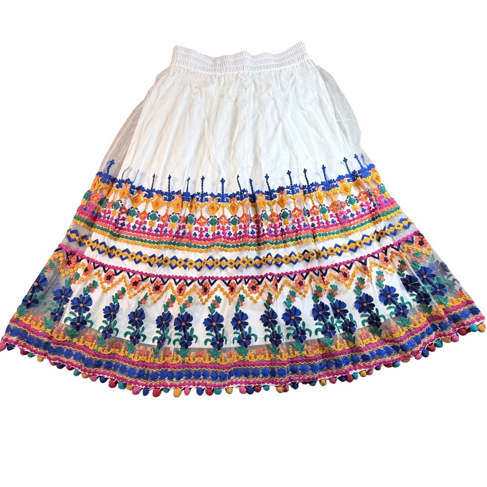 Soft Surroundings Boho Embroidered Skirt Pom Trim Festival Cottagecore